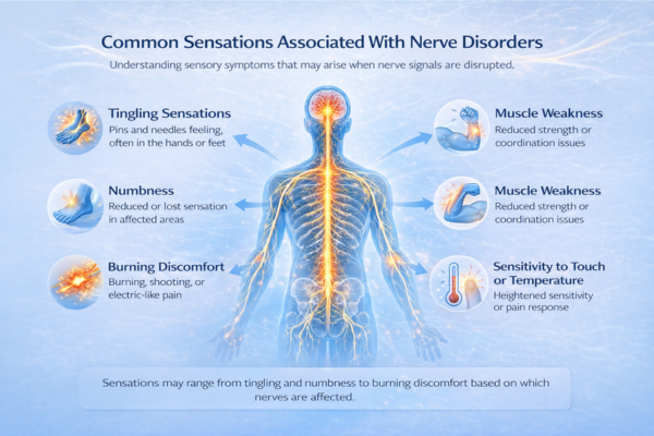infographic showing common sensations associated with nerve disorders including tingling numbness burning discomfort muscle weakness and sensitivity