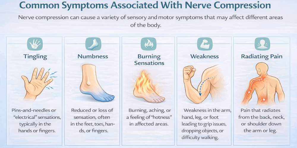 common-symptoms-nerve-compression-infographic. infographic showing common symptoms associated with nerve compression including tingling, numbness, burning sensations, muscle weakness, and radiating nerve pain