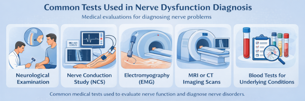 infographic showing common tests used in nerve dysfunction diagnosis including neurological exam nerve conduction study electromyography MRI scan blood tests and autonomic nervous system testing