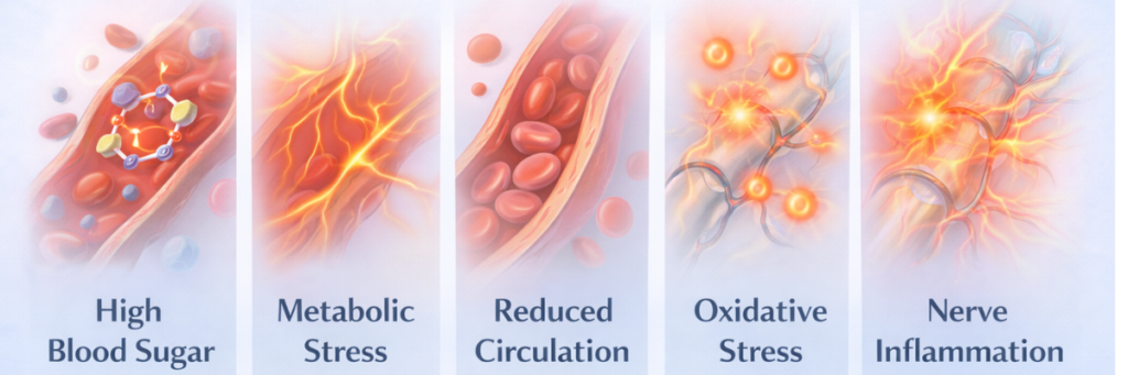 infographic showing biological factors contributing to diabetic neuropathy including high blood sugar metabolic stress reduced circulation oxidative stress and nerve inflammation