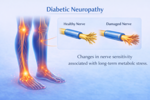 Illustration showing diabetic neuropathy with changes in nerve sensitivity in the legs and comparison between healthy and damaged nerves