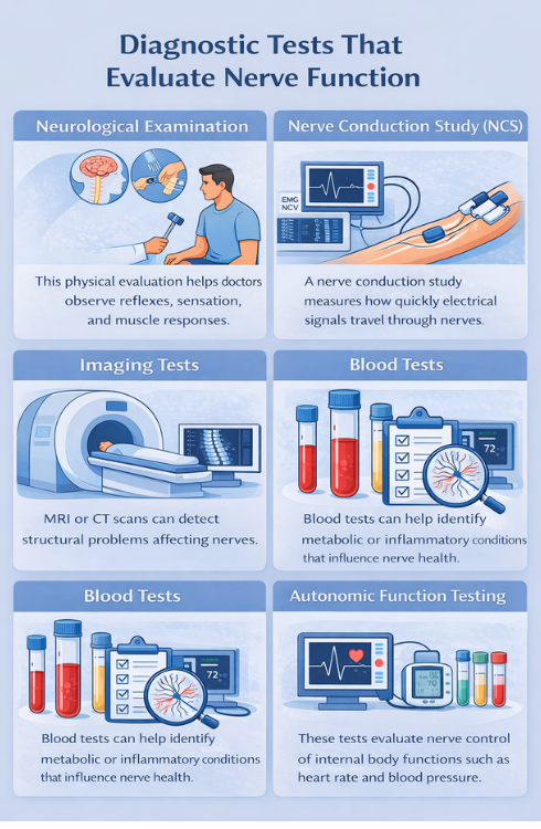 infographic cards showing diagnostic tests that evaluate nerve function including neurological examination nerve conduction study electromyography imaging scans blood tests and autonomic function testing