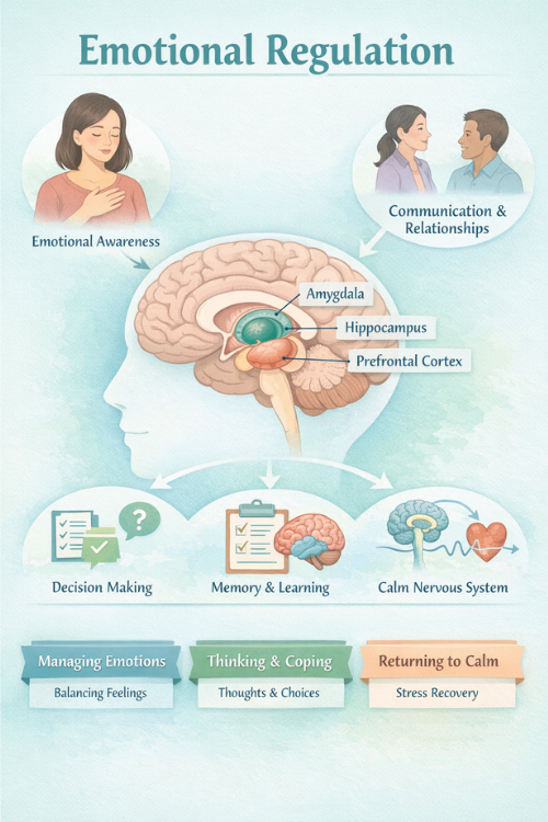 infographic showing how emotional regulation involves brain systems emotions communication decision making and nervous system calm response