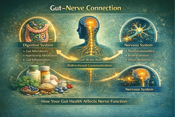 Gut nerve connection diagram showing the gut brain axis with signals traveling between the digestive system and nervous system