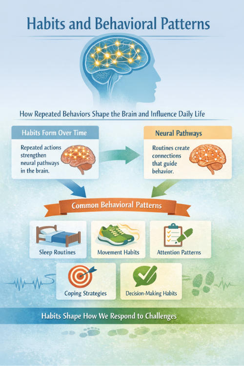 infographic showing how repeated behaviors form habits and shape neural pathways in the brain influencing sleep movement attention coping and decision making