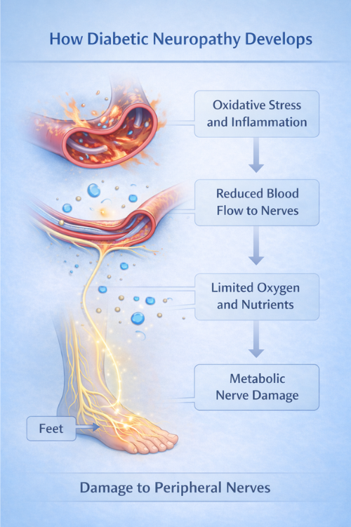 infographic showing how diabetic neuropathy develops from metabolic stress affecting nerve blood supply and causing peripheral nerve damage