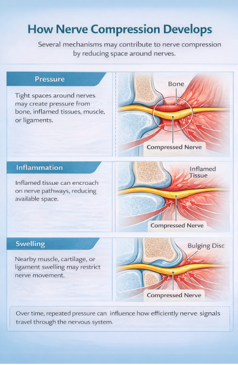 how-nerve-compression-develops-mechanism-infographic. infographic explaining how nerve compression develops showing pressure from surrounding tissues, inflammation, swelling, and structural narrowing around nerves
