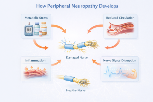 How peripheral neuropathy develops through nerve damage, inflammation, metabolic stress, and circulation changes