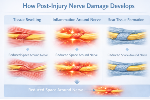 infographic showing how swelling inflammation and scar tissue may influence nerve pathways after injury