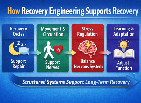Infographic showing recovery cycles, movement and circulation, stress regulation, and learning and adaptation supporting long-term recovery.