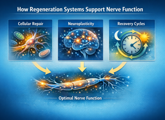 Infographic showing how regeneration systems support nerve function through cellular repair neuroplasticity and recovery cycles
