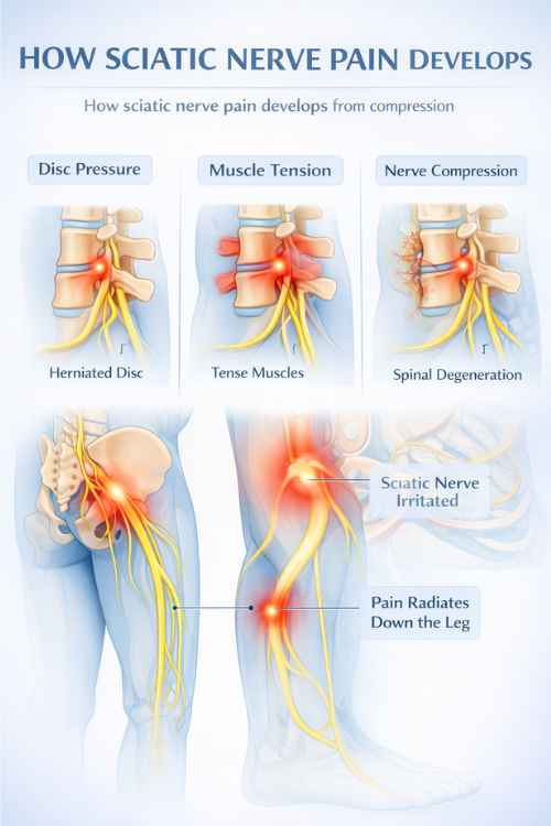 how-sciatic-nerve-pain-develops-infographic. An infographic showing how sciatic nerve pain develops from nerve compression in the spine