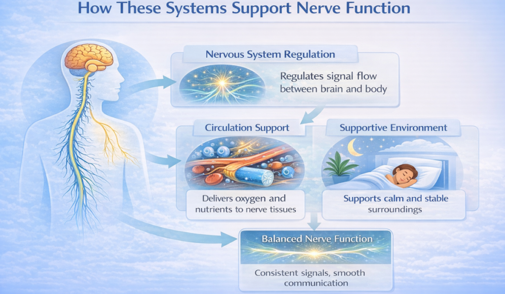 Flowchart infographic showing how therapeutic systems support nerve function through regulation, circulation, and supportive environment