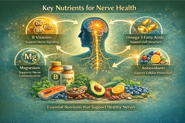 Infographic showing key nutrients for nerve health including B vitamins, omega 3 fatty acids, magnesium, and antioxidants supporting nerve function
