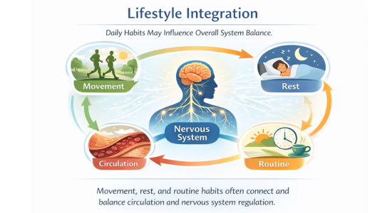 Infographic showing lifestyle integration connecting movement, rest, and routine with nervous system regulation and circulation