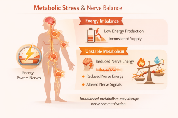 infographic showing how metabolic stress and energy imbalance may affect nerve function and nerve communication