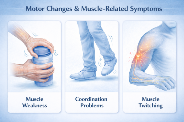 Educational infographic showing motor nerve symptoms including muscle weakness, coordination problems, and muscle twitching.
