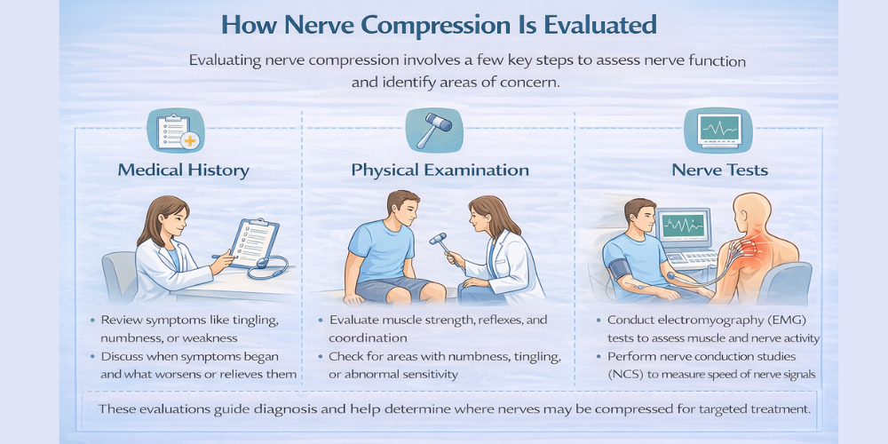 nerve-compression-evaluation-process-infographic infographic explaining how nerve compression is evaluated including medical history review, physical examination of reflexes and strength, and nerve conduction tests