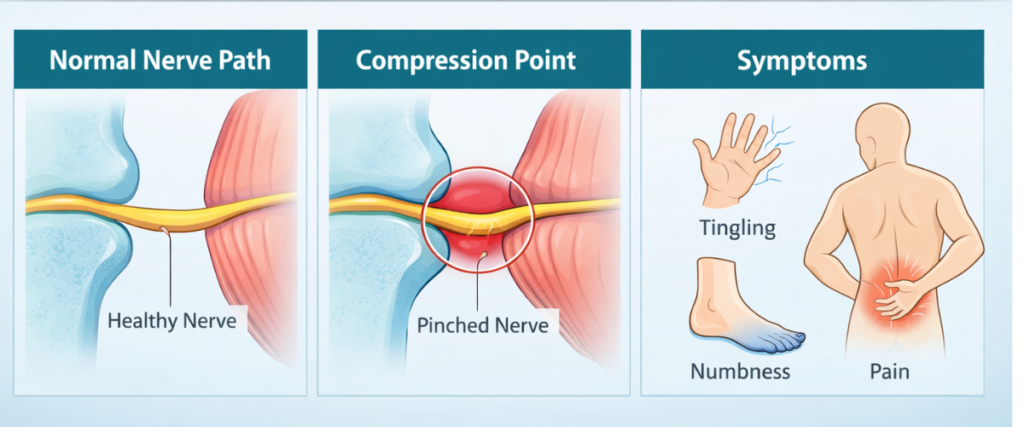 nerve-compression-mechanism-infographic. infographic showing nerve compression mechanism, pinched nerve pressure, and common symptoms like tingling, numbness, and nerve pain