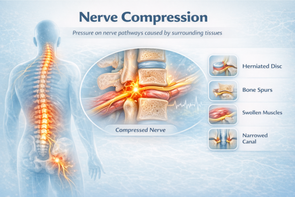 infographic showing nerve compression caused by pressure on a spinal nerve pathway
