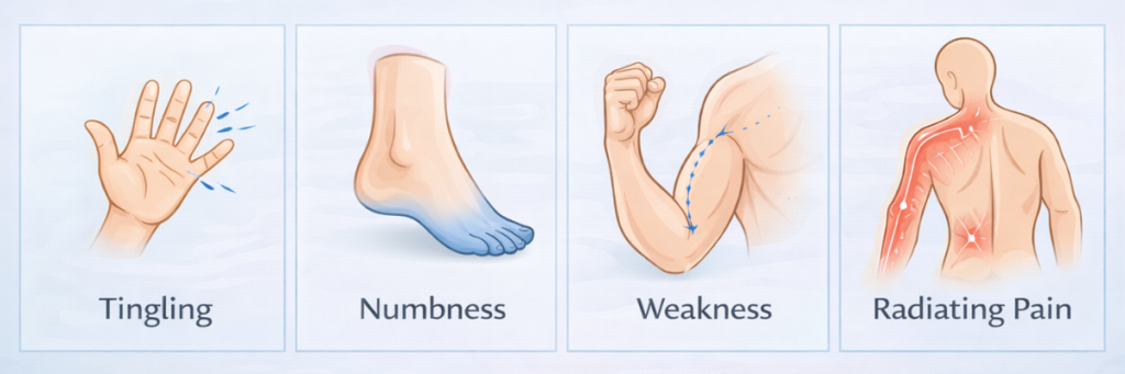 nerve-compression-symptoms-infographic. infographic showing symptoms of nerve compression including tingling, numbness, muscle weakness, and radiating nerve pain patterns