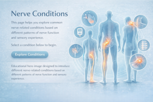 Illustration showing multiple human figures with highlighted nerve pathways representing different nerve conditions