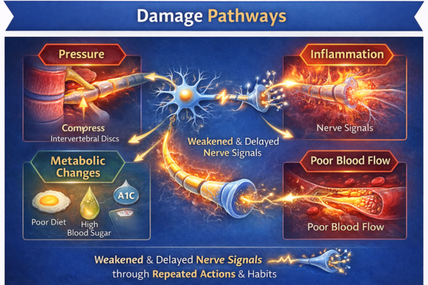 Nerve damage pathways diagram showing how pressure, inflammation, metabolic changes, and poor blood flow disrupt nerve signals