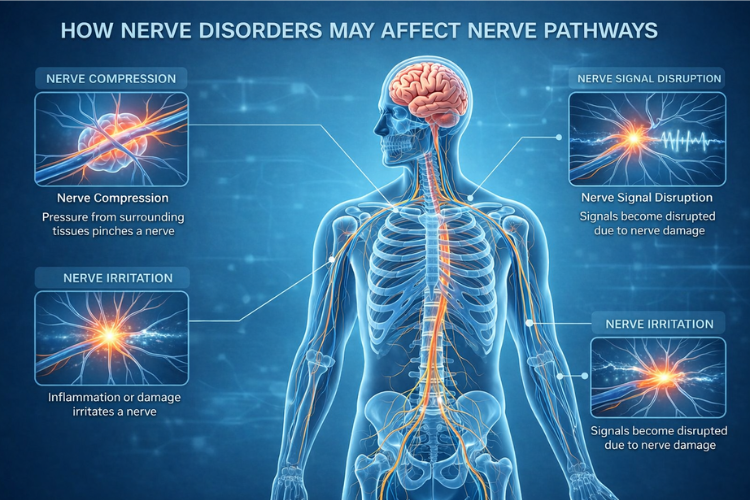 Diagram showing how nerve disorders can affect nerve pathways between the brain, spinal cord, and peripheral nerves