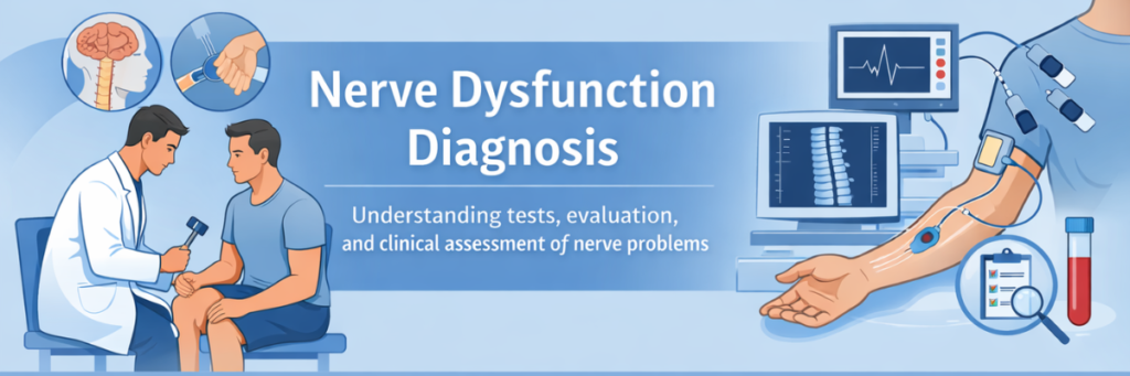 infographic showing nerve dysfunction diagnosis including neurological examination, nerve conduction test, imaging scan, and medical evaluation