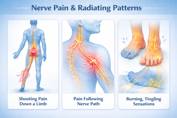 Medical infographic showing nerve pain symptoms, including shooting pain down a limb, pain following a nerve path, and burning or tingling sensations.