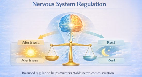 Infographic showing nervous system regulation balance between alertness and rest supporting stable nerve communication