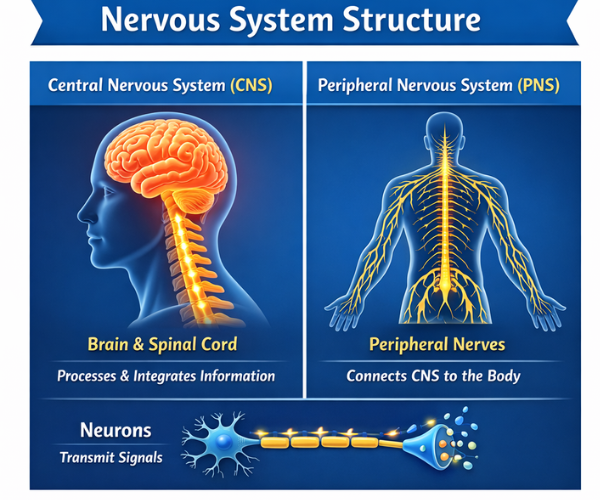 Nervous system structure diagram showing the central nervous system and peripheral nervous system with brain, spinal cord, and peripheral nerves