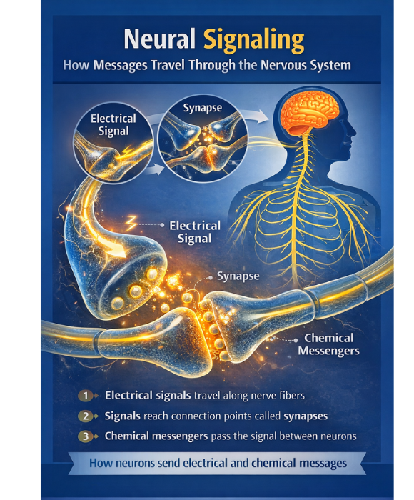 Neural signaling diagram showing electrical signals traveling through neurons and chemical transmission at synapses