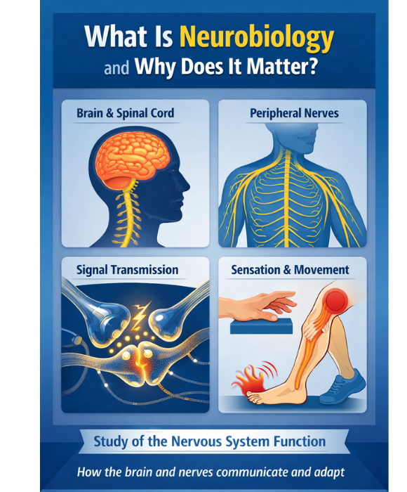 Neurobiology diagram showing the brain, spinal cord, peripheral nerves, and how signals move through the nervous system