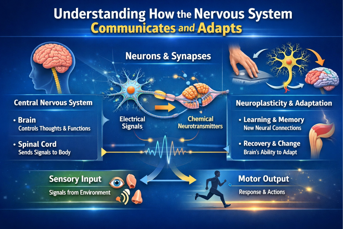 Neurobiology diagram showing the brain, spinal cord, and peripheral nerves with electrical and chemical signal pathways