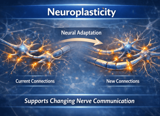 neuroplasticity-nerve-health-infographic. Infographic showing neuroplasticity with changing neural connections supporting nerve communication