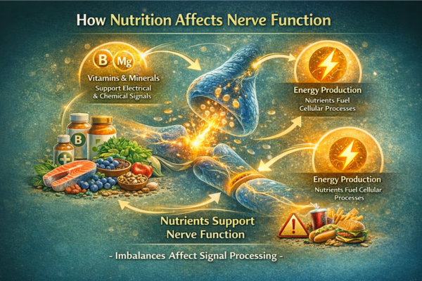 Diagram showing how nutrients support nerve signaling and energy production and how imbalances affect nerve communication