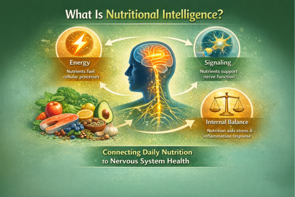 Nutritional intelligence diagram showing how nutrients support energy, nerve signaling, and internal balance in the nervous system