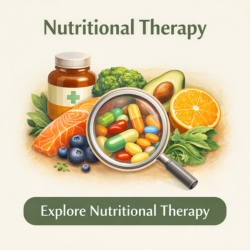 Icon showing nutritional therapy for nerve health with vitamins and healthy foods supporting nerve function