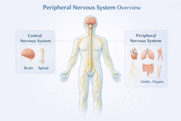 Peripheral nervous system showing nerve connections between the brain, spinal cord, and the rest of the body