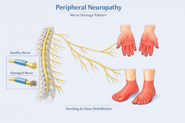 Peripheral neuropathy nerve damage pattern affecting hands and feet in stocking-and-glove distribution