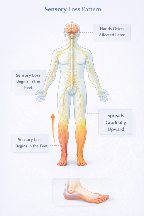 Sensory loss pattern in peripheral neuropathy affecting the feet and gradually moving upward through the lower legs