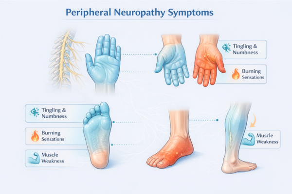 Common symptoms of peripheral neuropathy including tingling, numbness, burning sensations, and muscle weakness in hands and feet
