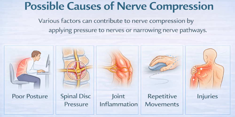 possible-causes-nerve-compression-infographic. infographic illustrating possible causes of nerve compression including poor posture, spinal disc pressure, joint inflammation, repetitive movements, and injuries
