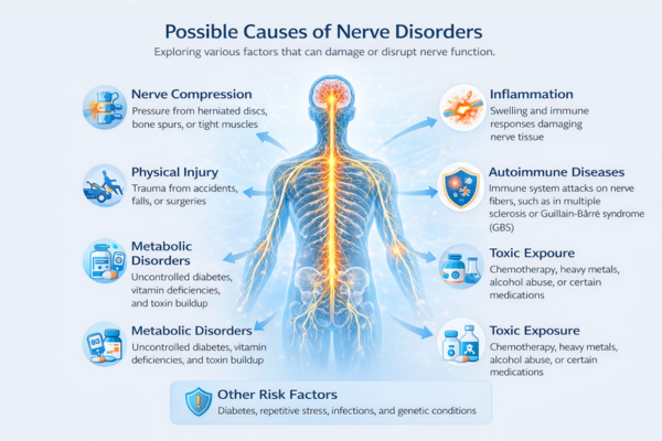 infographic showing possible causes of nerve disorders including nerve compression inflammation metabolic stress and nerve injury