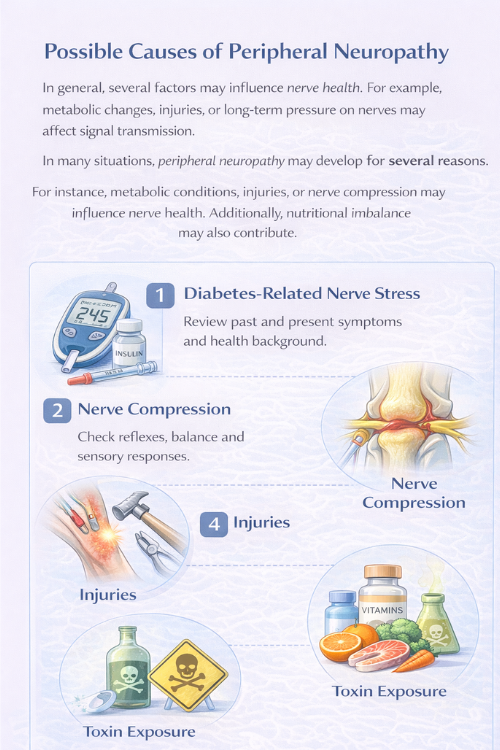 Possible causes of peripheral neuropathy including diabetes related nerve stress, nerve compression, injuries, vitamin deficiencies, and toxin exposure