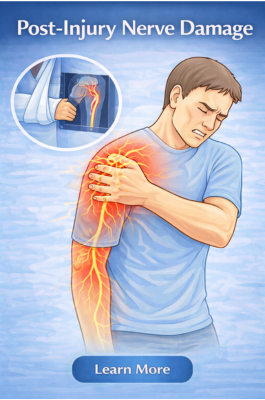 post-injury-nerve-damage-condition-card. illustration showing post-injury nerve damage with nerve pain radiating from the shoulder and arm after a physical injury
