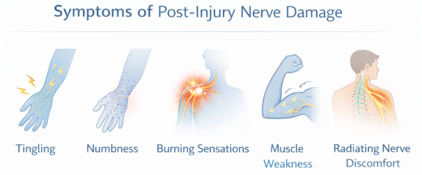 common symptoms of post injury nerve damage including tingling numbness weakness and radiating nerve discomfort
