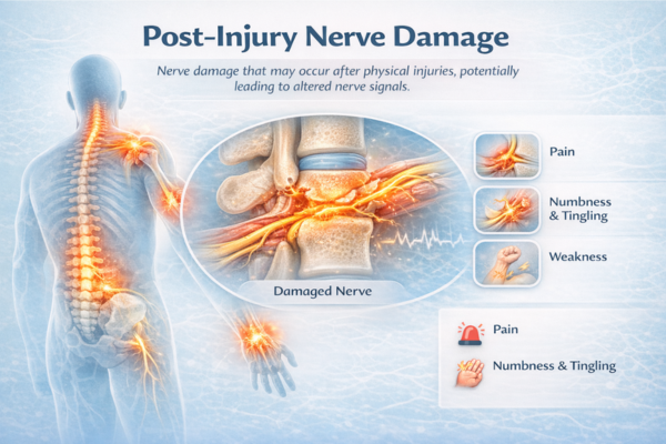 infographic showing post-injury nerve damage caused by trauma affecting nerve signal transmission