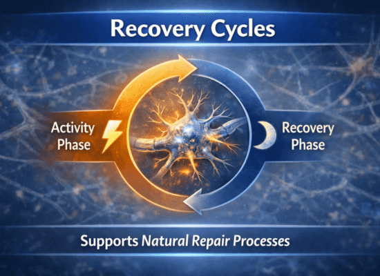 recovery-cycles-nerve-health-infographic. Infographic showing recovery cycles with activity and recovery phases supporting nerve repair